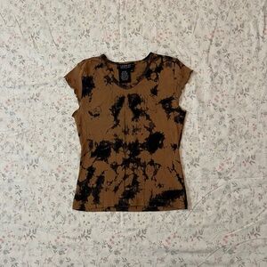 Y2k Rampage Bleached Brown Black Cotton Baby Tee Lettuce Hem Cap Sleeve Medium